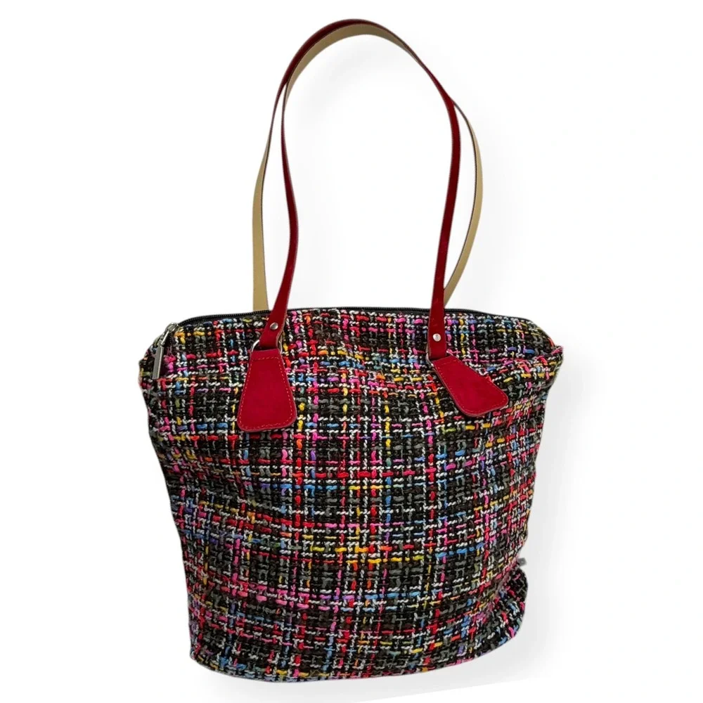 O Bag Tweed Fabric Tote‎ Bag Red Velvet Handles Medium Ready to Use Boho EUC